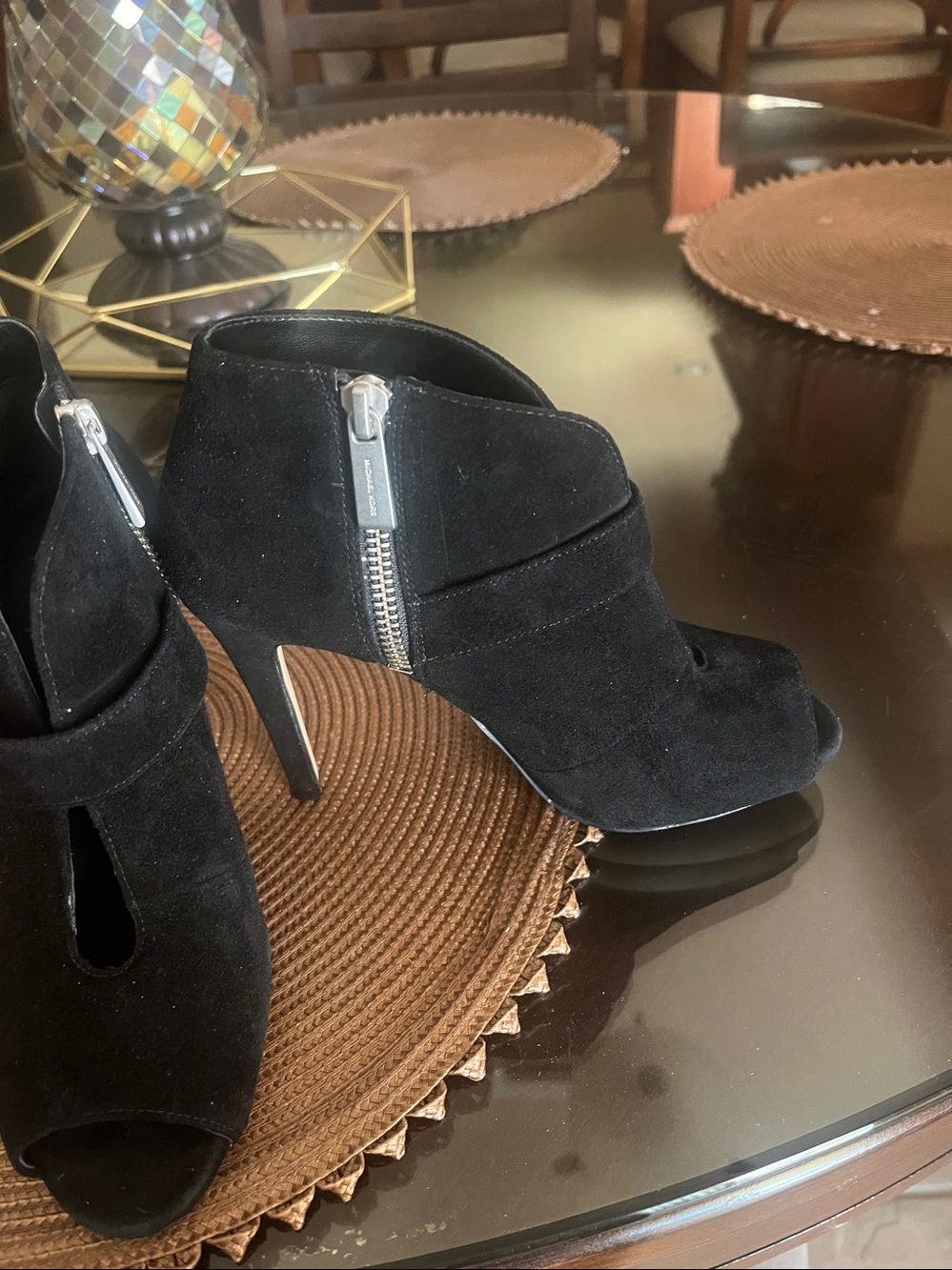 Michael Kors Black Suede Peep-Toe Ankle Booties with Strap